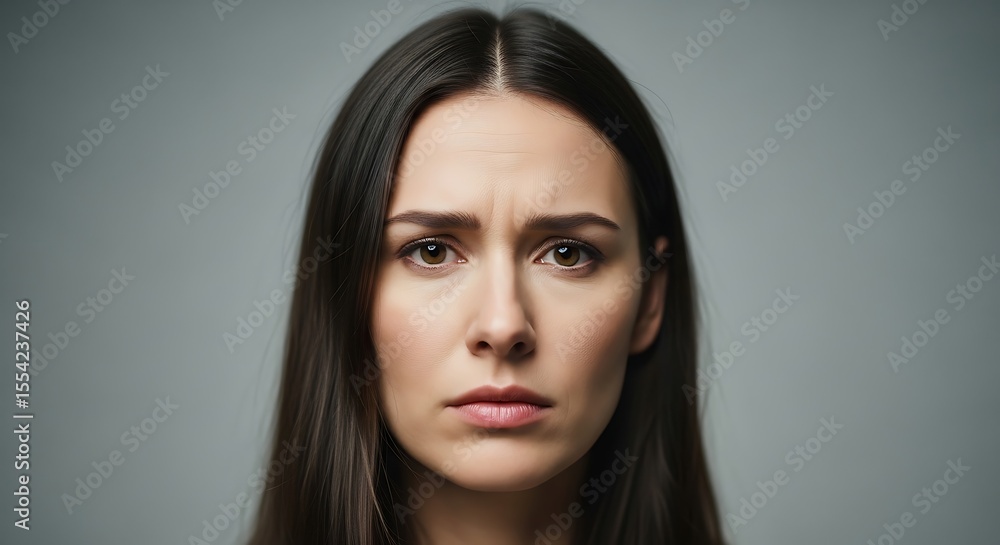 Intense Gaze: Woman with Dark Hair and a Pensive Expression,Close-up Portrait of a Woman with a Serious and Contemplative Look Intense Gaze: Woman with Dark Hair and a Pensive Expression,Close-up Portrait of a Woman with a Serious and Contemplative Look