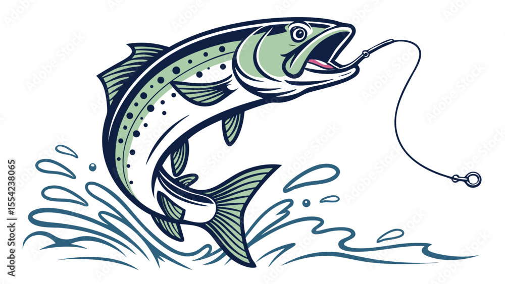 Naklejka premium A bold, black and white illustration of a fish leaping high in the air, mouth agape vector art design