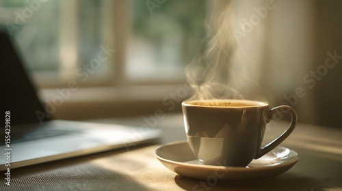 A warm cup of coffee by the window during a workday