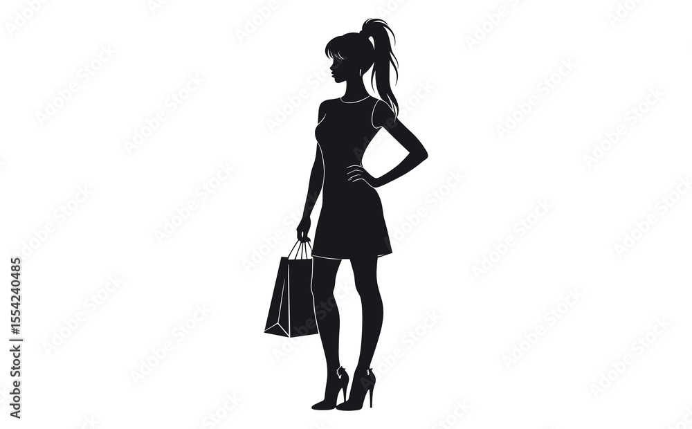 Stylish Female Shopper in Dress Holding Bag Silhouette Stylish Female Shopper in Dress Holding Bag Silhouette