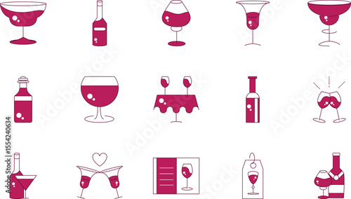 Elegant Wine Glass & Bottle Icons Vector Illustrations for Restaurant Menus, Wine Lists, and Branding