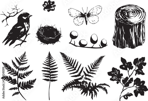 Vector forest wildlife icon set in black and white stock illustration
