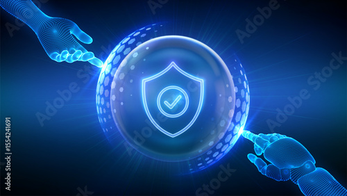 Protection. Cyber security. Network safety. Insurance. Hands of Robot and Human touching Protection shield with Check mark icon inside transparent sphere shield with hexagon pattern. Vector.