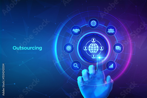 Outsourcing and HR. Social network and global recruitment. Global Recruitment Business and internet concept on virtual screen. Hand touching digital interface. Vector illustration.