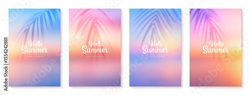 Summer gradient backgrounds set with palm leaf shadow. Sunrise or sunset in ocean. Bright gradient summer sea. Sunset and sunrise sky colors. Blue, purple, orange, pink, yellow. Vector illustration.