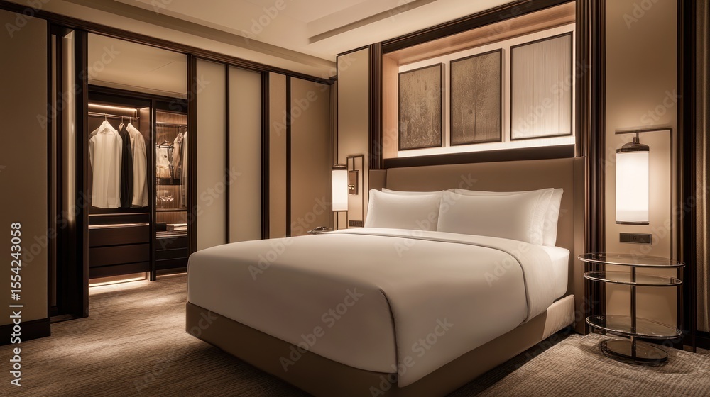 Luxurious hotel bedroom with walk-in closet. Luxurious hotel bedroom with walk-in closet.