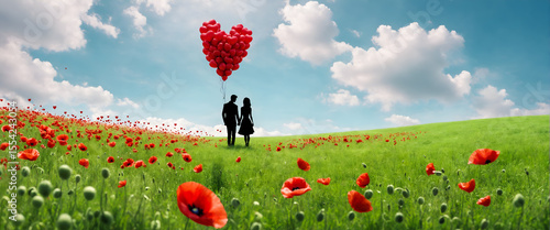 Valentines day. Couple with heart shaped balloons outdoors