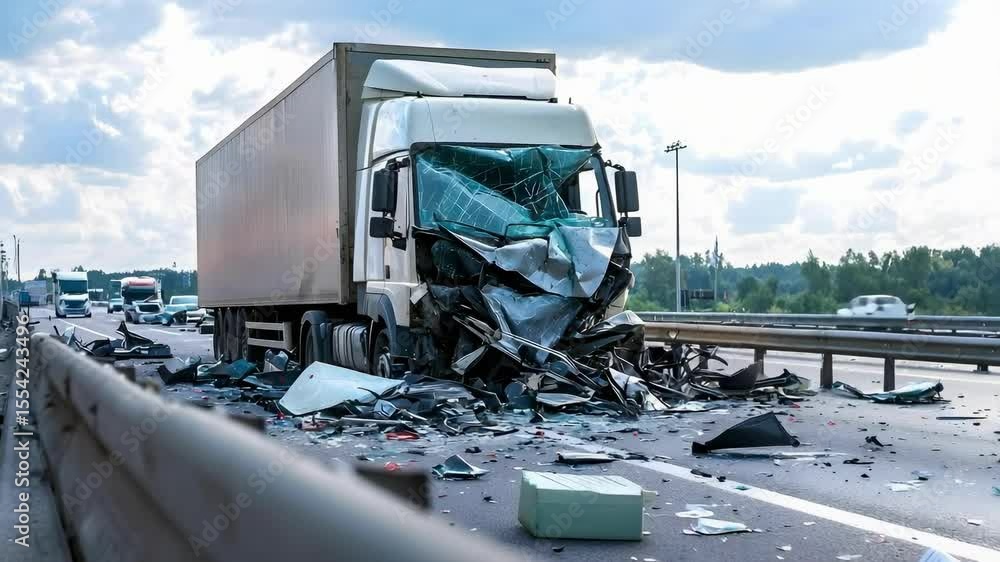 A severely damaged truck on the highway after a crash, with debris ...