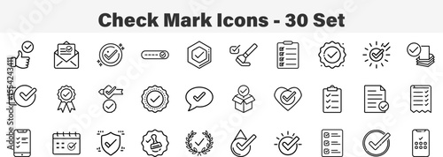Set of 30 outline Check Mark icons. Line art icon collection. Editable stroke. Vector illustration