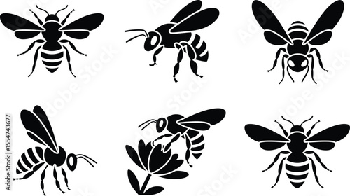 Simple bee silhouette vector set with honey bee and flower for spring and summer nature design