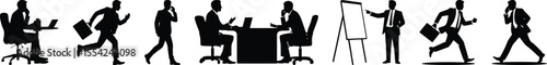 Office worker silhouette vector set with business people in meeting, running, and presentation poses