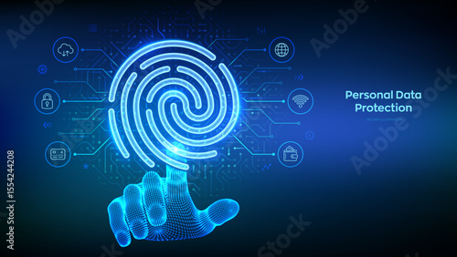 Fingerprint scan. Personal Data protection concept. Cyber Security. Biometrics identification. Password control. Wireframe hand touching digital interface with fingerprint icon. Vector illustration.