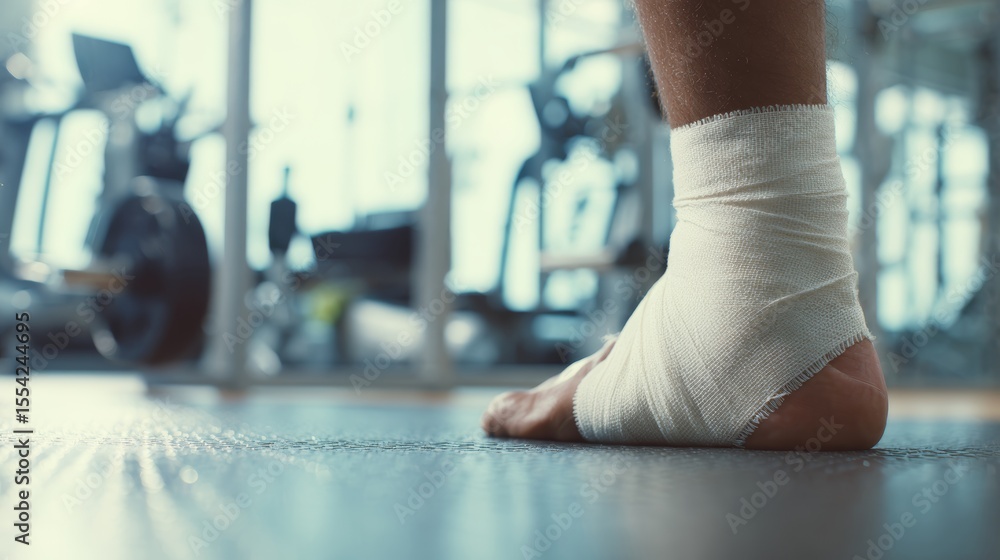 Naklejka premium Athlete with injured ankle wrapped in medical tape during workout, sports injury treatment and recovery concept, fitness and healthcare theme.