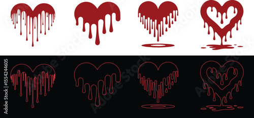 A collection of dripping heart shapes in red and outline isolated on white and black backgrounds, perfect for love, valentine, or horror themes.