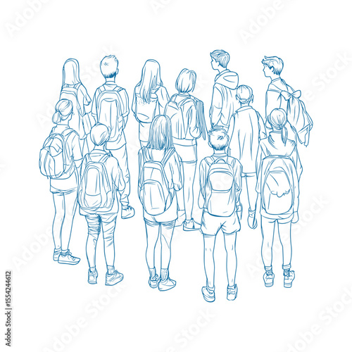 Group of students standing with backpacks, back view sketch