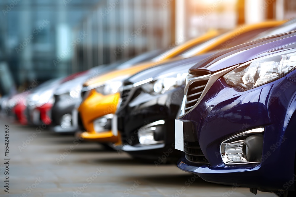 Row of colorful cars parked in a dealership lot Row of colorful cars parked in a dealership lot