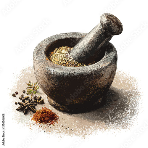 Traditional Mortar and Pestle with Ground Middle Eastern Spices