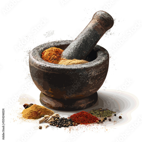 Traditional Mortar and Pestle with Ground Middle Eastern Spices