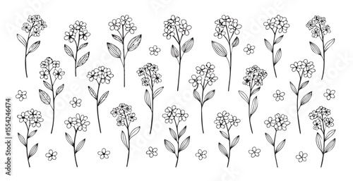 Delicate forget me not flower stems and blooms in a repeating pattern silhouette