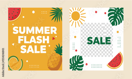 Bright double summer sale templates with tropical fruits and sun, ideal for social media posts, stories, or digital ads
