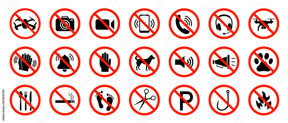 Prohibition signs set. Set of no music, sound, fire, pet, eat . No photos. No noise, disturb or loudly. No drone zone. No fly zone. Prohibition signs set. Set of no music, sound, fire, pet, eat . No photos. No noise, disturb or loudly. No drone zone. No fly zone.