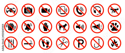Prohibition signs set. Set of no music, sound, fire, pet, eat . No photos. No noise, disturb or loudly. No drone zone. No fly zone.