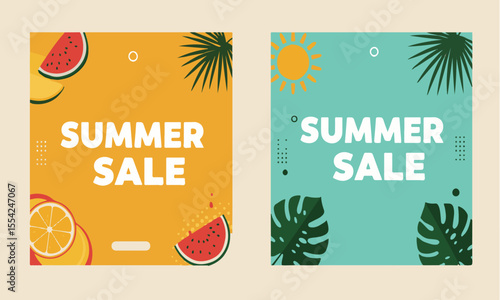 Bright double summer sale templates with tropical fruits and sun, ideal for social media posts, stories, or digital ads