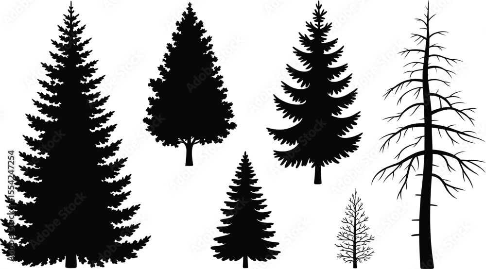 Obraz premium Pine tree and forest silhouette vector collection with various tree shapes for nature, woodland, and park design