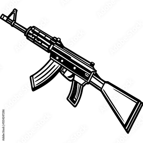 Stylized black and white illustration of an automatic rifle
