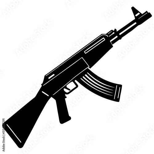 Black silhouette of an ak 47 assault rifle on a white background