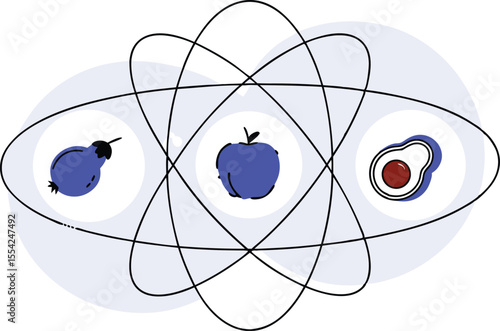 Food items visualized with electrons orbiting like atoms