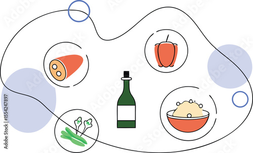 Vector-style oil droplets forming micelles in water, with foods like salad dressing, sauces, and curry illustrated in context