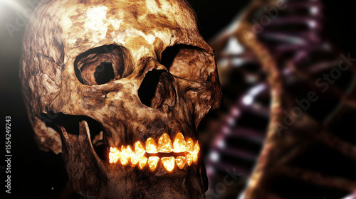 Ancient skull fragment with glowing DNA strands, revealing clues to human evolution