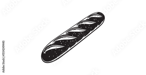 Artistic black and white illustration of a crusty baguette bread silhouette
