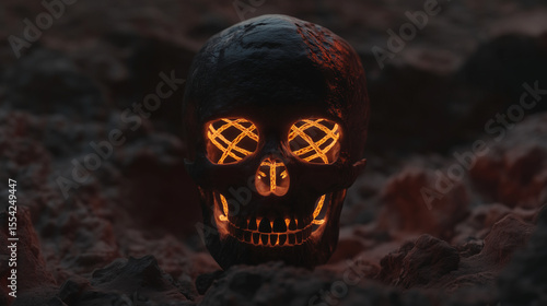 Ancient skull fragment with glowing DNA strands, revealing clues to human evolution