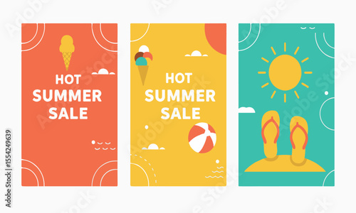 Triple panel summer sale vector design with vibrant icons, ideal for Instagram carousel, website banners, and product promos