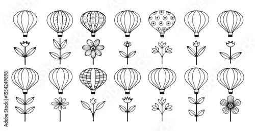 Collection of hand drawn hot air balloons and floral elements silhouette