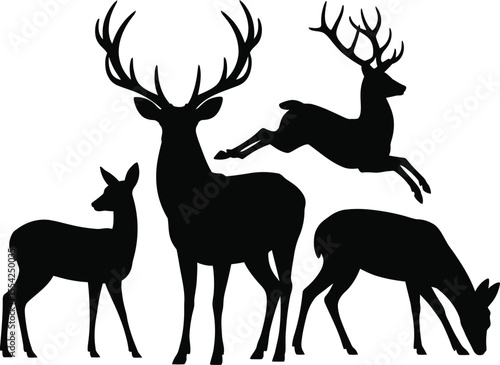 Deer silhouette vector set with running, grazing, and standing deer for wildlife, forest, and animal illustration