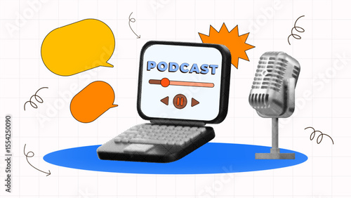 halftone collage, listening to podcasts on laptop, bubble chat, and retro microphone, for online streaming, content creators