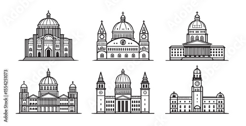 Collection of six distinctive government building silhouettes with domes and towers