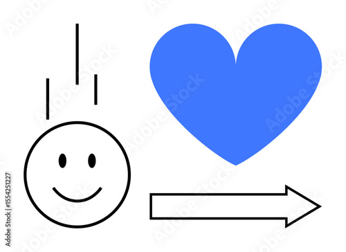 Smiling face with three vertical lines, blue heart, and arrow pointing right. Ideal for emotion, positivity, movement, love, guidance, decision-making simple landing page