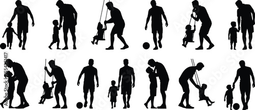Father and child activity silhouette vector set with playing, walking, and bonding for family and parenting illustration