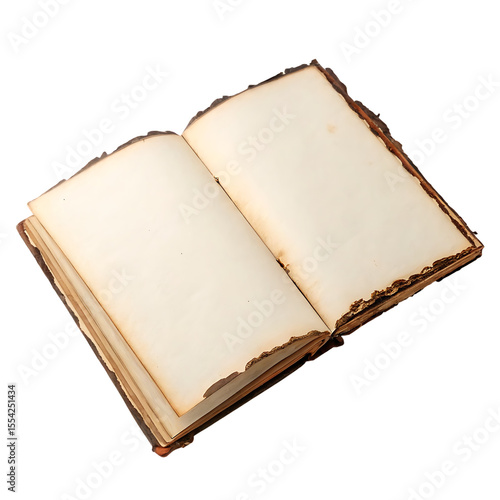 An open antique book with scorched and aged blank pages for a vintage concept isolated on a transparent background png