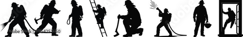 Firefighter silhouette vector collection with hose, ladder, axe, and rescue for emergency, safety, and hero design