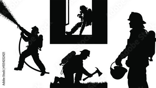 Firefighter silhouette vector set with hose, axe, rescue, and helmet for emergency, safety, and hero design
