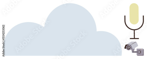 Cloud in pale blue beside a microphone symbol and surveillance camera, symbolizing cloud storage, voice recognition, and security monitoring. Ideal for technology, communication, security