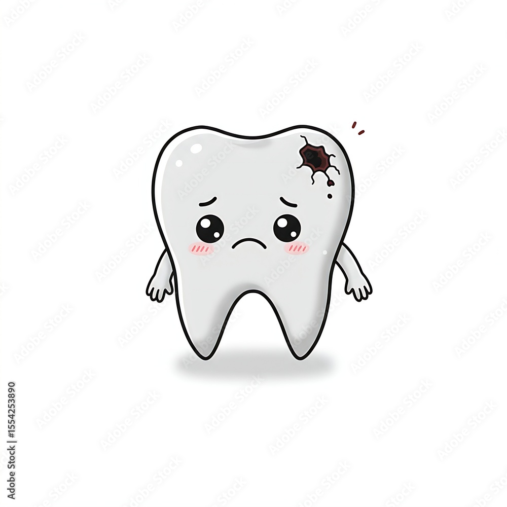 Animated cartoon character, a cute tooth, with a sad expression and a small, cartoonish hole representing a cavity, isolated on a clean white background. Animated cartoon character, a cute tooth, with a sad expression and a small, cartoonish hole representing a cavity, isolated on a clean white background.
