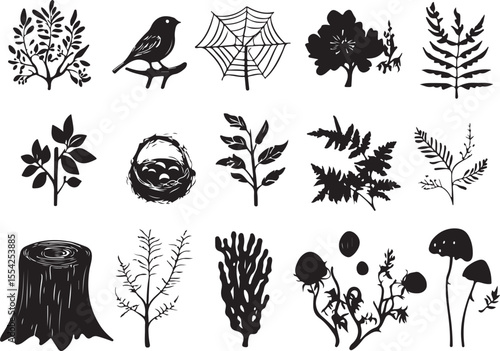Vector forest wildlife icon set in black and white stock illustration