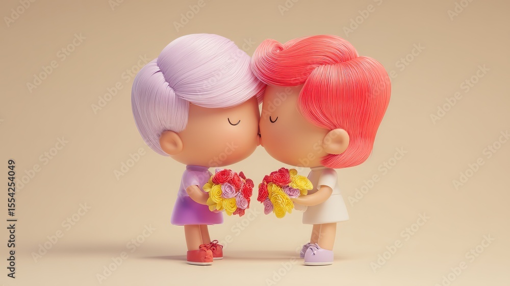 Fototapeta premium Cute 3D Cartoon Girls Hugging with Colorful Flowers Vector Illustration