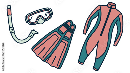 Stylish red scuba diving and surf sport equipment, clothing, and footwear accessories isolated on black